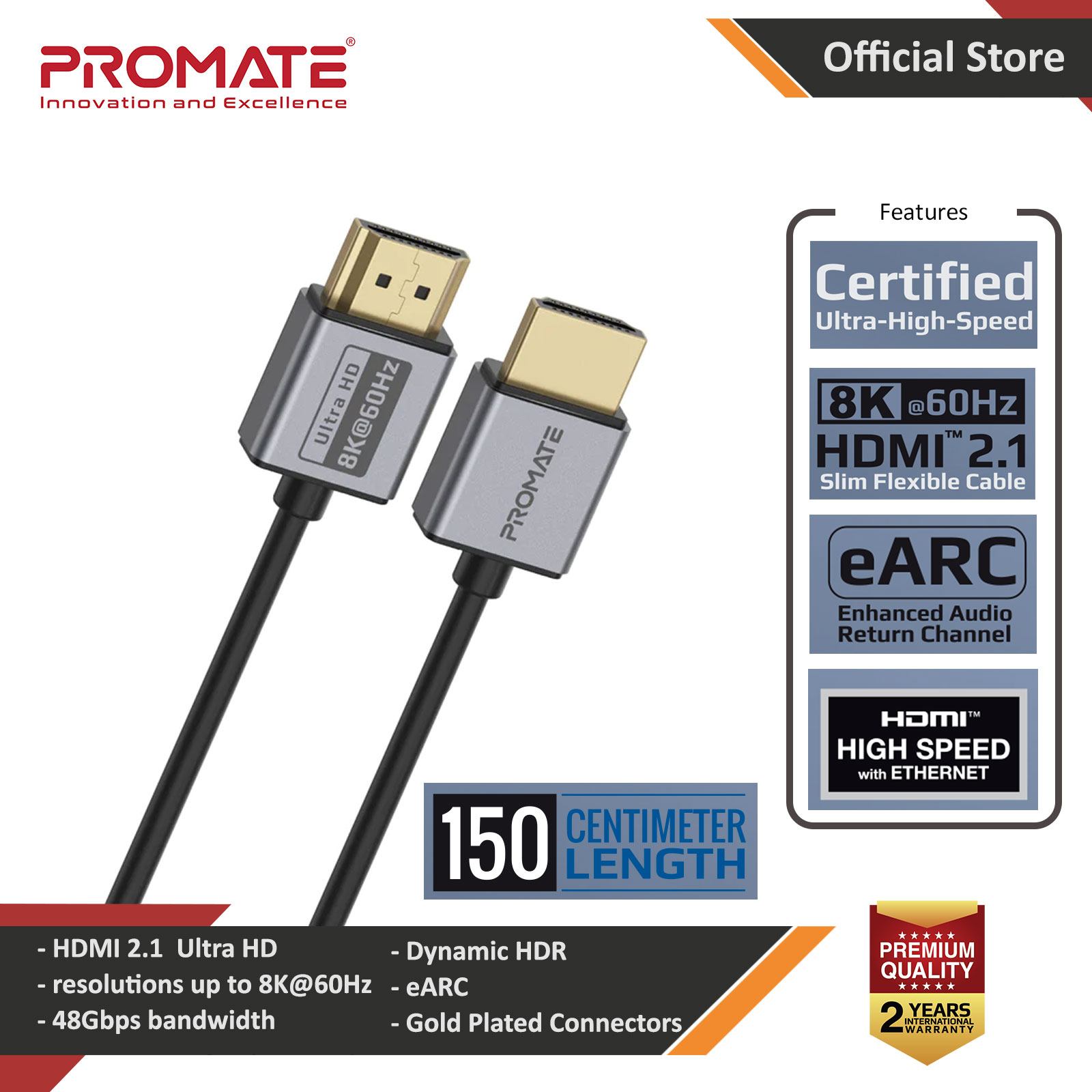 Picture of PROMATE Primelink8K-150 Gold Plate Ultra HD High Speed 8K HDMI 2.1 Ultra HD Audio Video Cable HDR Colour Support eARC Connectivity Dolby Vision 1.5 meter Plug and Play150cm Cable Length Red Design- Red Design Cases, Red Design Covers, iPad Cases and a wide selection of Red Design Accessories in Malaysia, Sabah, Sarawak and Singapore 