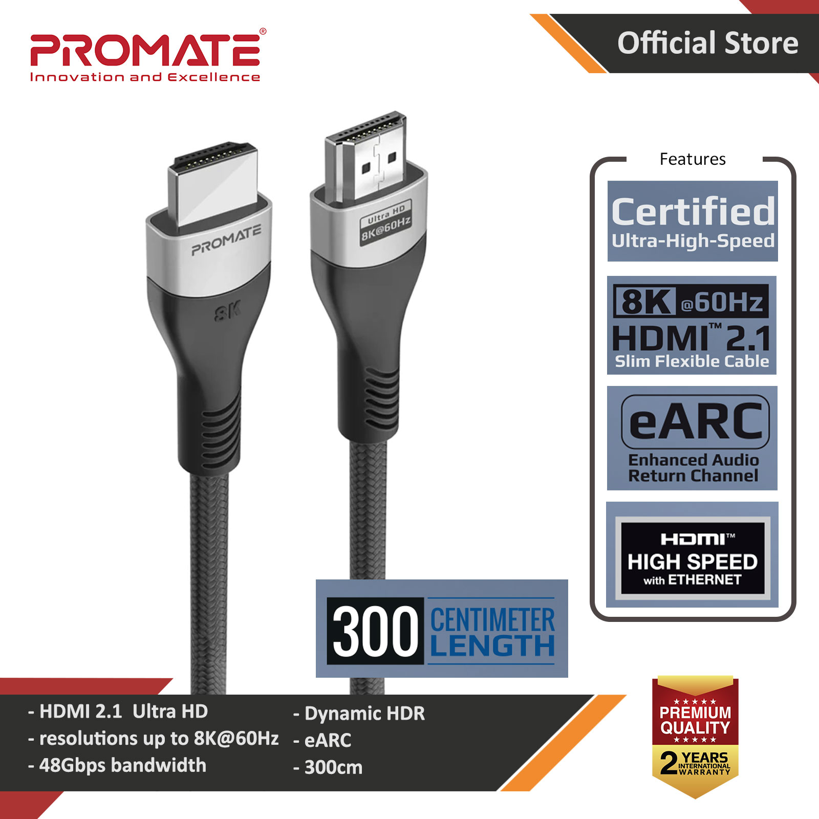Picture of PROMATE Primelink8K-300 Ultra HD High Speed 8K HDMI 2.1 Ultra HD Audio Video Cable HDR Colour Support eARC Connectivity Dolby Vision 3 meter Plug and Play 300cm Cable Length Red Design- Red Design Cases, Red Design Covers, iPad Cases and a wide selection of Red Design Accessories in Malaysia, Sabah, Sarawak and Singapore 