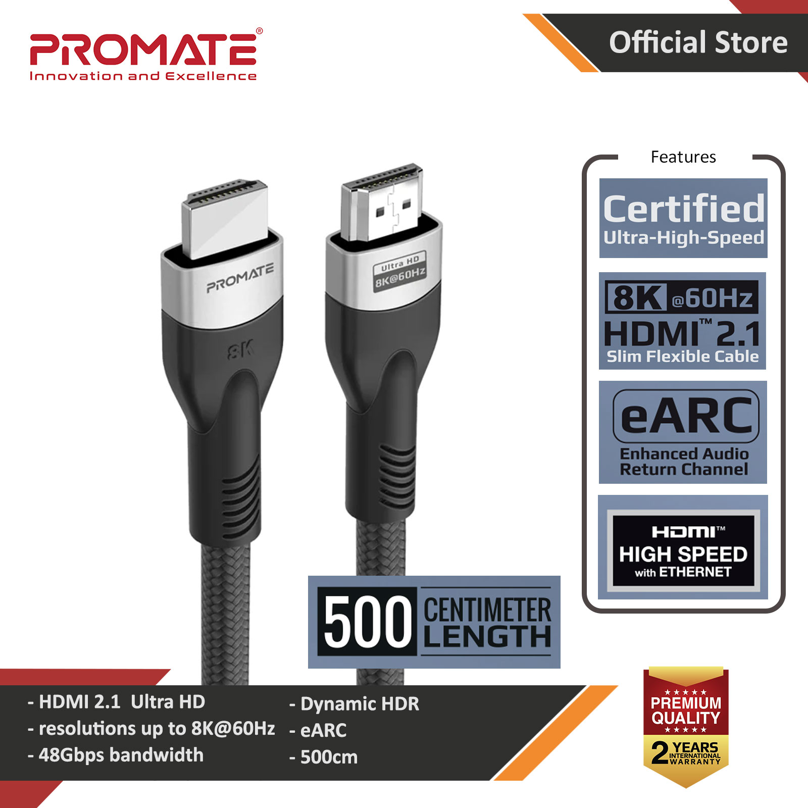 Picture of PROMATE Primelink8K-500 Ultra HD High Speed 8K HDMI 2.1 Ultra HD Audio Video Cable HDR Colour Support eARC Connectivity Dolby Vision 5 meter Plug and Play 500cm Cable Length Red Design- Red Design Cases, Red Design Covers, iPad Cases and a wide selection of Red Design Accessories in Malaysia, Sabah, Sarawak and Singapore 