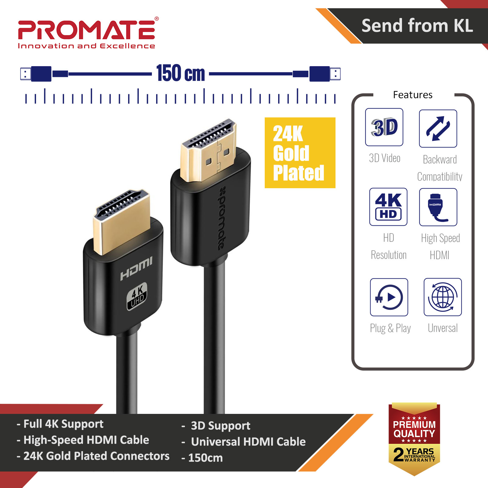 Picture of Promate 4K HDMI Cable High-Speed 1.5 Meter HDMI Cable with 24K Gold Plated Connector and Ethernet 3D Video Support for HDTV Projectors Computers LED TV and Game consoles 150cm ProLink4K2-150 Red Design- Red Design Cases, Red Design Covers, iPad Cases and a wide selection of Red Design Accessories in Malaysia, Sabah, Sarawak and Singapore 