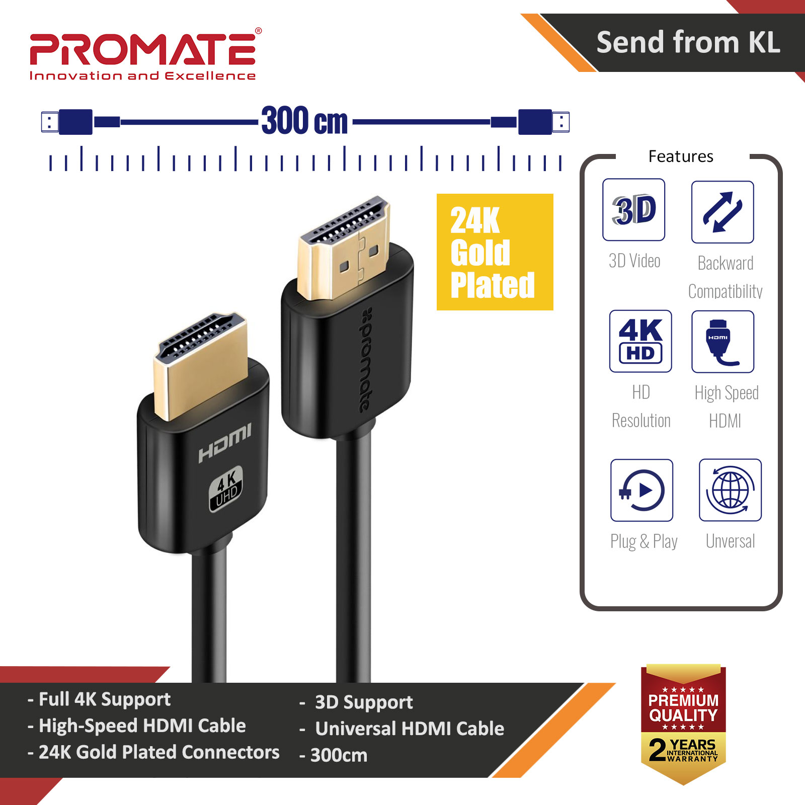 Picture of Promate 4K HDMI Cable High-Speed 3 Meter HDMI Cable with 24K Gold Plated Connector and Ethernet 3D Video Support for HDTV Projectors Computers LED TV and Game consoles 300cm ProLink4K2-300 Red Design- Red Design Cases, Red Design Covers, iPad Cases and a wide selection of Red Design Accessories in Malaysia, Sabah, Sarawak and Singapore 