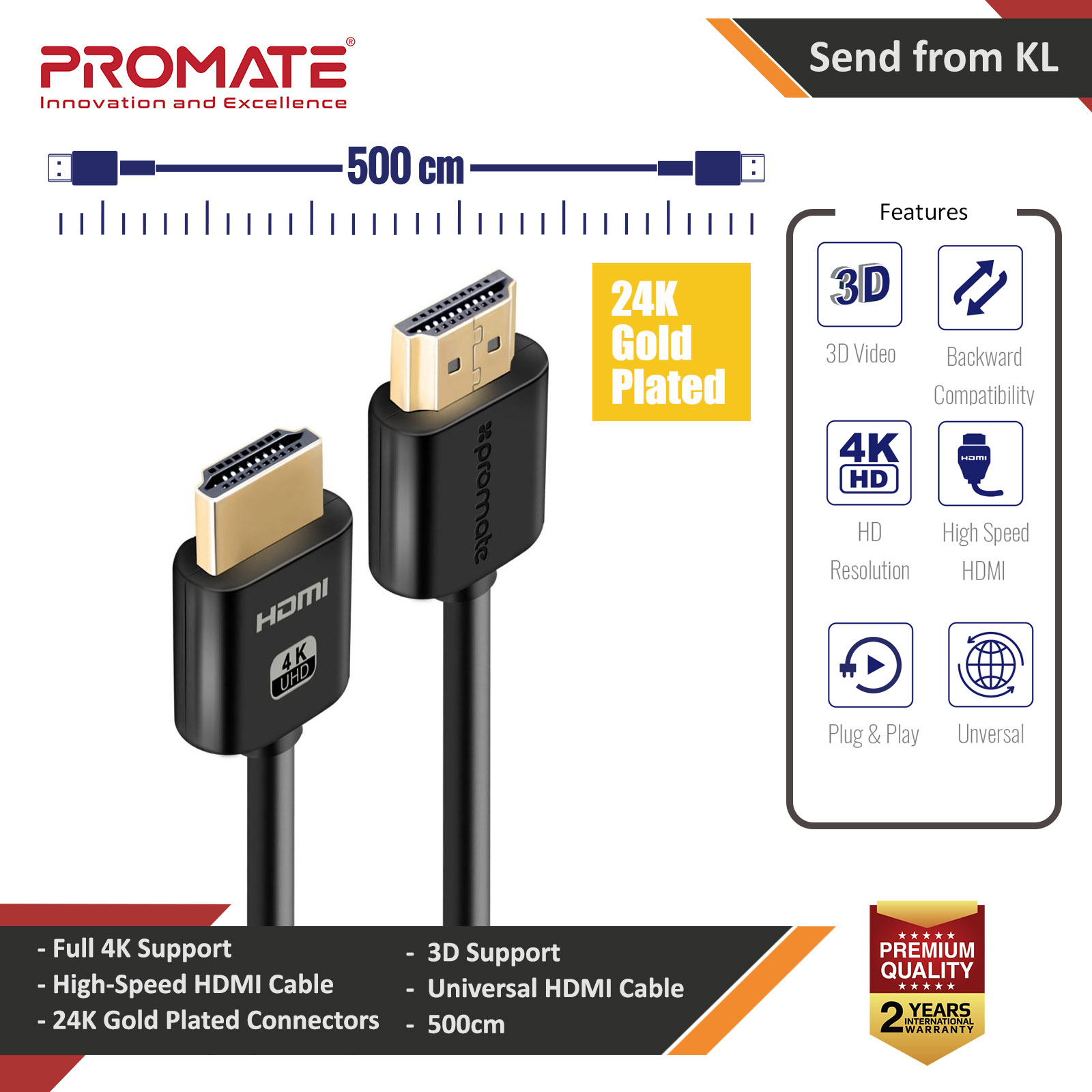 Picture of Promate 4K HDMI Cable High-Speed 5 Meter HDMI Cable with 24K Gold Plated Connector and Ethernet 3D Video Support for HDTV Projectors Computers LED TV and Game consoles 500cm ProLink4K2-500 Red Design- Red Design Cases, Red Design Covers, iPad Cases and a wide selection of Red Design Accessories in Malaysia, Sabah, Sarawak and Singapore 