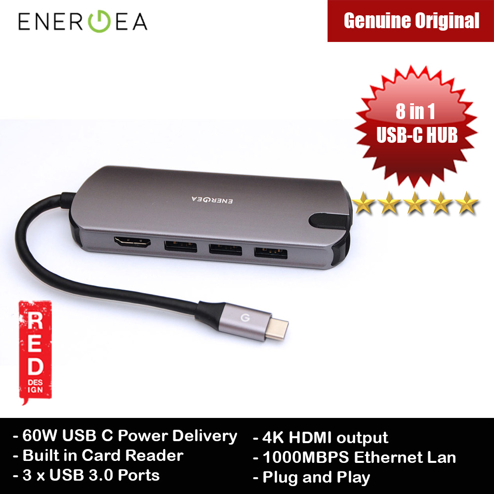 Picture of Energea ALUHUB HDPRO 8 in 1 USB-C Hub 8 in 1 Premium Multi Port Aluminium Adapter with 60W Type-C Power Delivery Port  4K HDMI 1000Mbps Ethernet Port 3 USB 3.0 Ports SD Card Reader for MacBook Pro Chromebook Red Design- Red Design Cases, Red Design Covers, iPad Cases and a wide selection of Red Design Accessories in Malaysia, Sabah, Sarawak and Singapore 