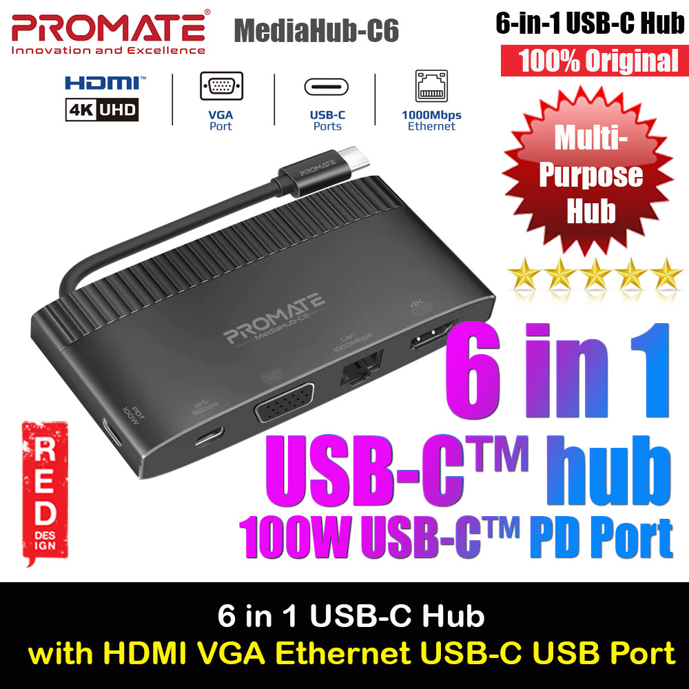 Picture of Promate 6-in-1 Type-C™ USB-C™ Hub Sync Charge Adapter with 4K HDMI 1080p VGA 1000Mbps LAN 100W USB-C™ Power Delivery 5Gbps USB 3.0 and USB-C™ Ports for MacBook Pro iPad Air Galaxy S23 MediaHub-C6 Red Design- Red Design Cases, Red Design Covers, iPad Cases and a wide selection of Red Design Accessories in Malaysia, Sabah, Sarawak and Singapore 
