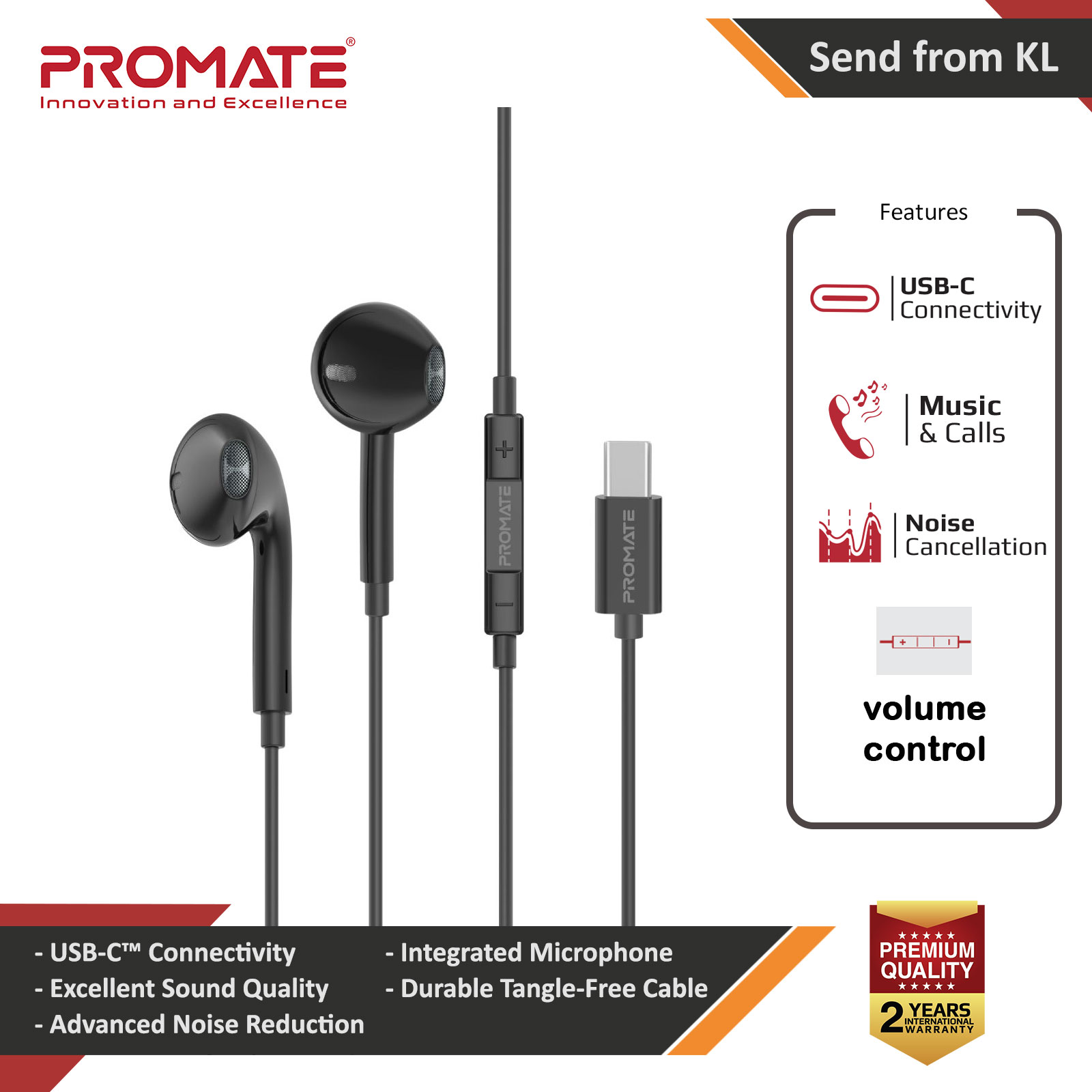 Picture of Promate Wired USB-C In-Ear Headphones with Mic Microphone Wired Type C Earphone for Galaxy S23 Plus Ultra S23 Ultra GearPod-C2 (Black) Red Design- Red Design Cases, Red Design Covers, iPad Cases and a wide selection of Red Design Accessories in Malaysia, Sabah, Sarawak and Singapore 
