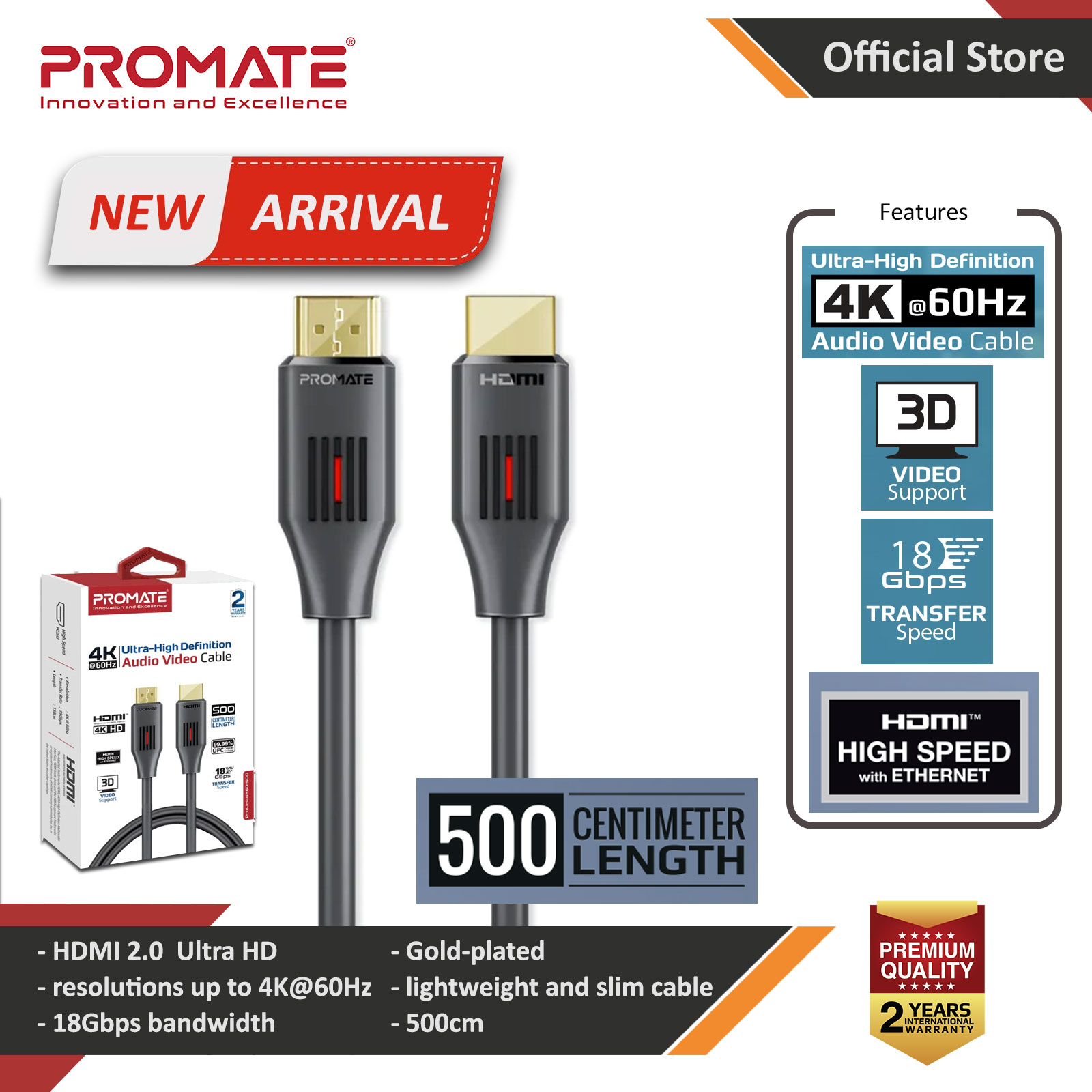 Picture of PROMATE ProLink4K60-500 Ultra HD High Speed 4K HDMI 2.0 HDR 3D Video High Speed Ethernet 5 meter 500cm Cable Length Red Design- Red Design Cases, Red Design Covers, iPad Cases and a wide selection of Red Design Accessories in Malaysia, Sabah, Sarawak and Singapore 