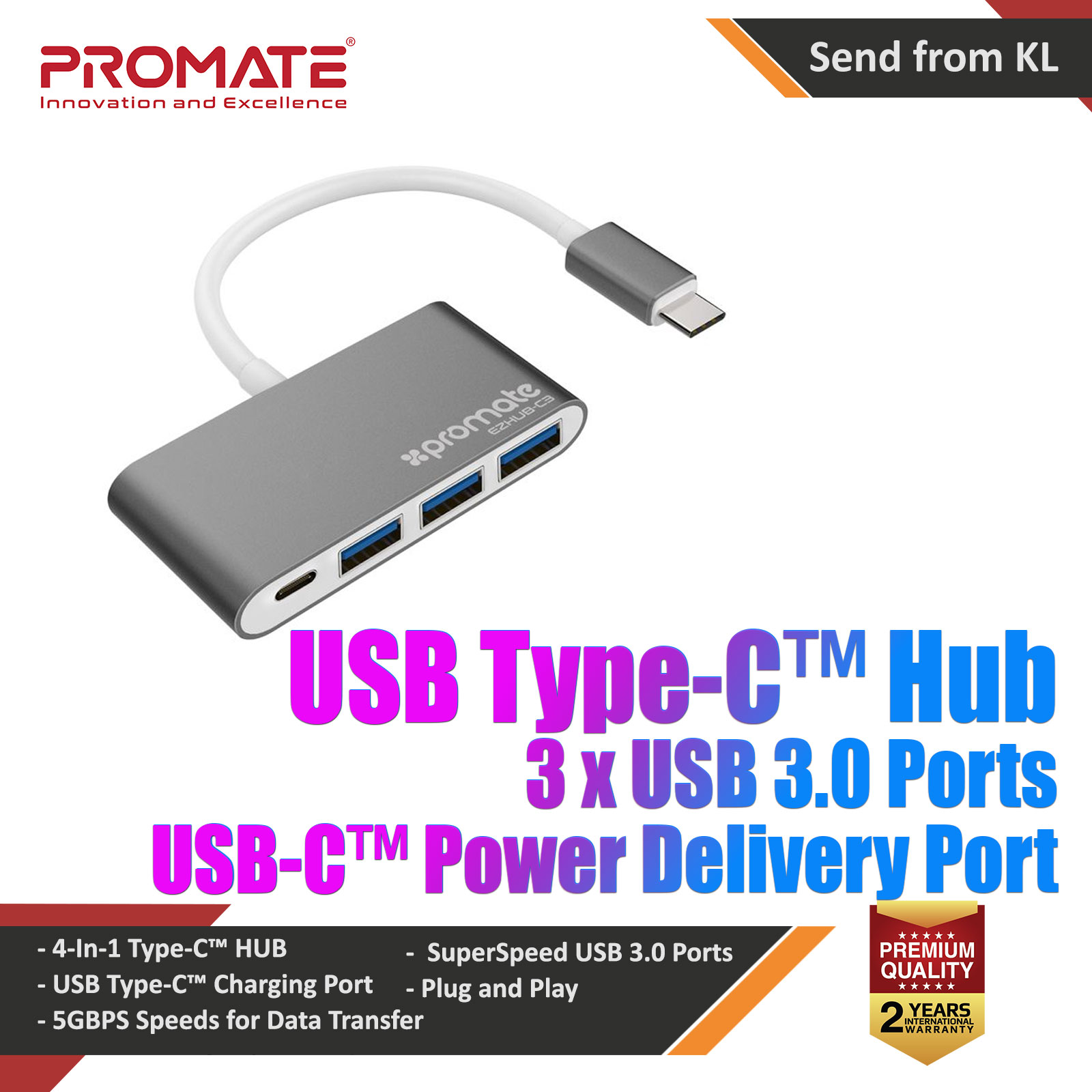 Picture of Promate USB Type-C™ Adapter Premium USB-C™ Hub to 3 USB 3.0 Ports with Sync and Charge 5Gbps Data Transfer Speed and USB-C™ Recharging Port for Camera Smartphones Tablets and All Type-C™ Laptops EZHub-C3 Red Design- Red Design Cases, Red Design Covers, iPad Cases and a wide selection of Red Design Accessories in Malaysia, Sabah, Sarawak and Singapore 
