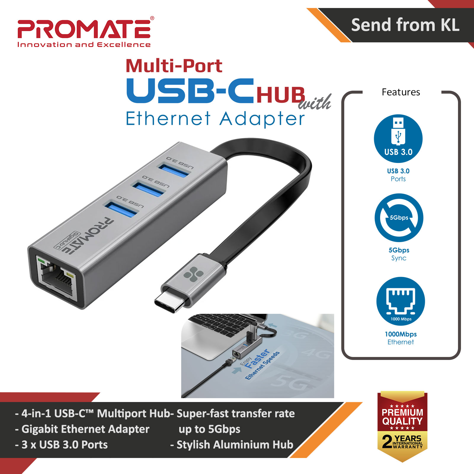 Picture of Promate Multiport USB-C Hub with 1000Mbps RJ45 Ethernet Adapter 3 USB3.0 Ports 5Gbps Speed GigaHub-C for MacBook Pro Air Red Design- Red Design Cases, Red Design Covers, iPad Cases and a wide selection of Red Design Accessories in Malaysia, Sabah, Sarawak and Singapore 