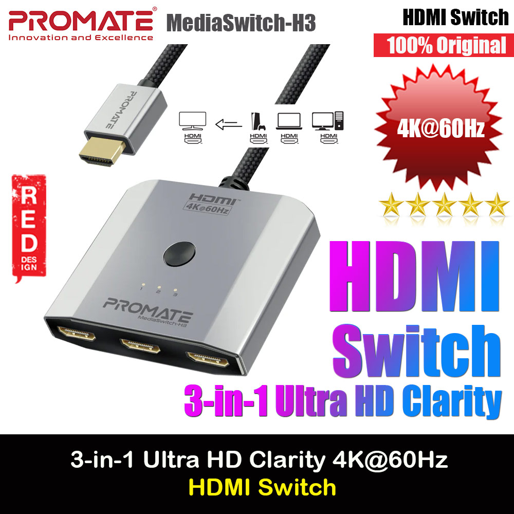 Picture of Promate 3 HDMI Splitter Switch Ultra HD Clarity Resolutions up to 4K@60Hz For Multiple Devices PC Laptop Presentation to 1 Output Display  MediaSwitch-H3 Red Design- Red Design Cases, Red Design Covers, iPad Cases and a wide selection of Red Design Accessories in Malaysia, Sabah, Sarawak and Singapore 