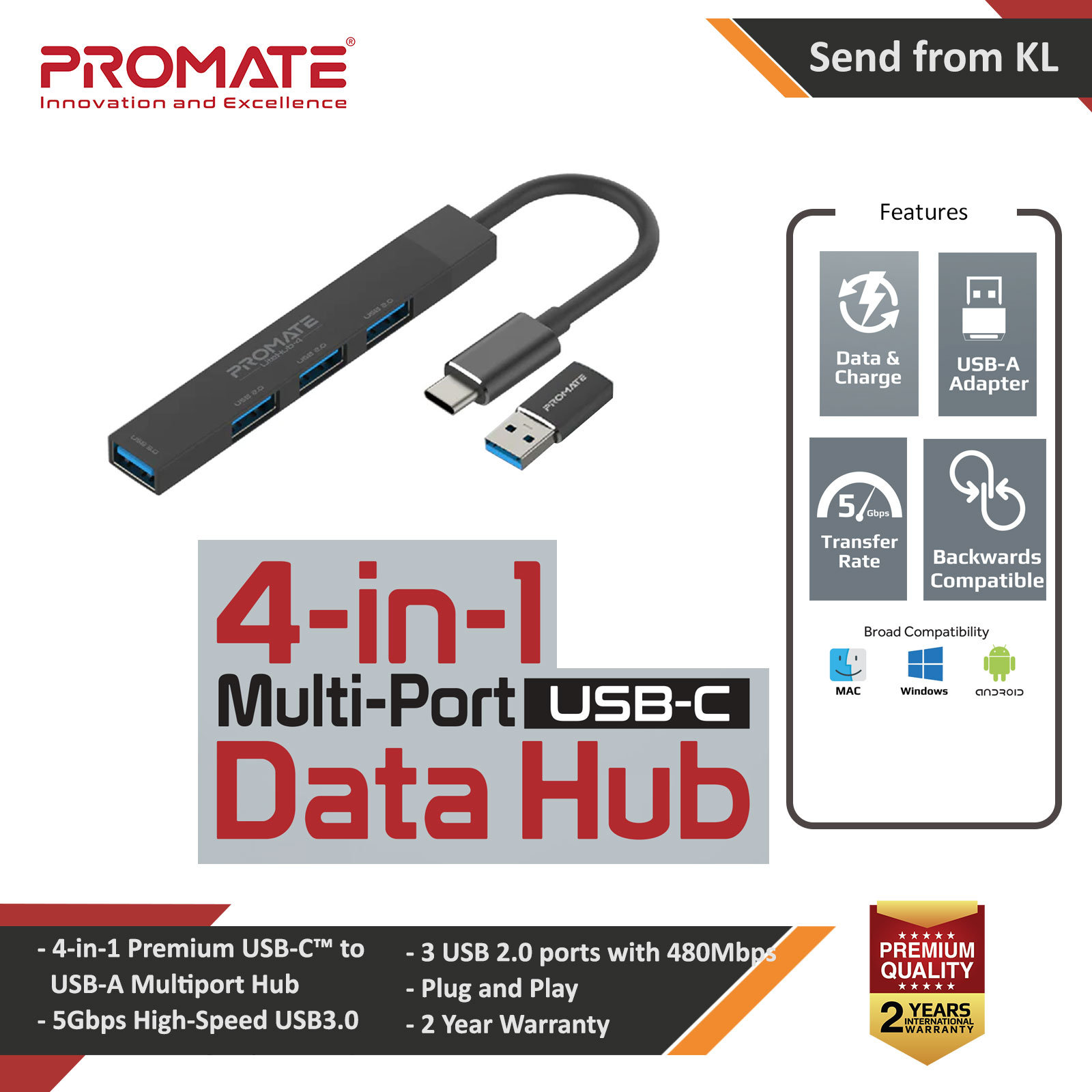 Picture of Promate USB-C Hub 4-in-1 Type-C Sync Charge Adapter with USB-A Adapter 5Gbps USB 3.0 Port 480Mbps USB 2.0 Ports and Compact Aluminum Design LiteHub-4 (Black) Red Design- Red Design Cases, Red Design Covers, iPad Cases and a wide selection of Red Design Accessories in Malaysia, Sabah, Sarawak and Singapore 