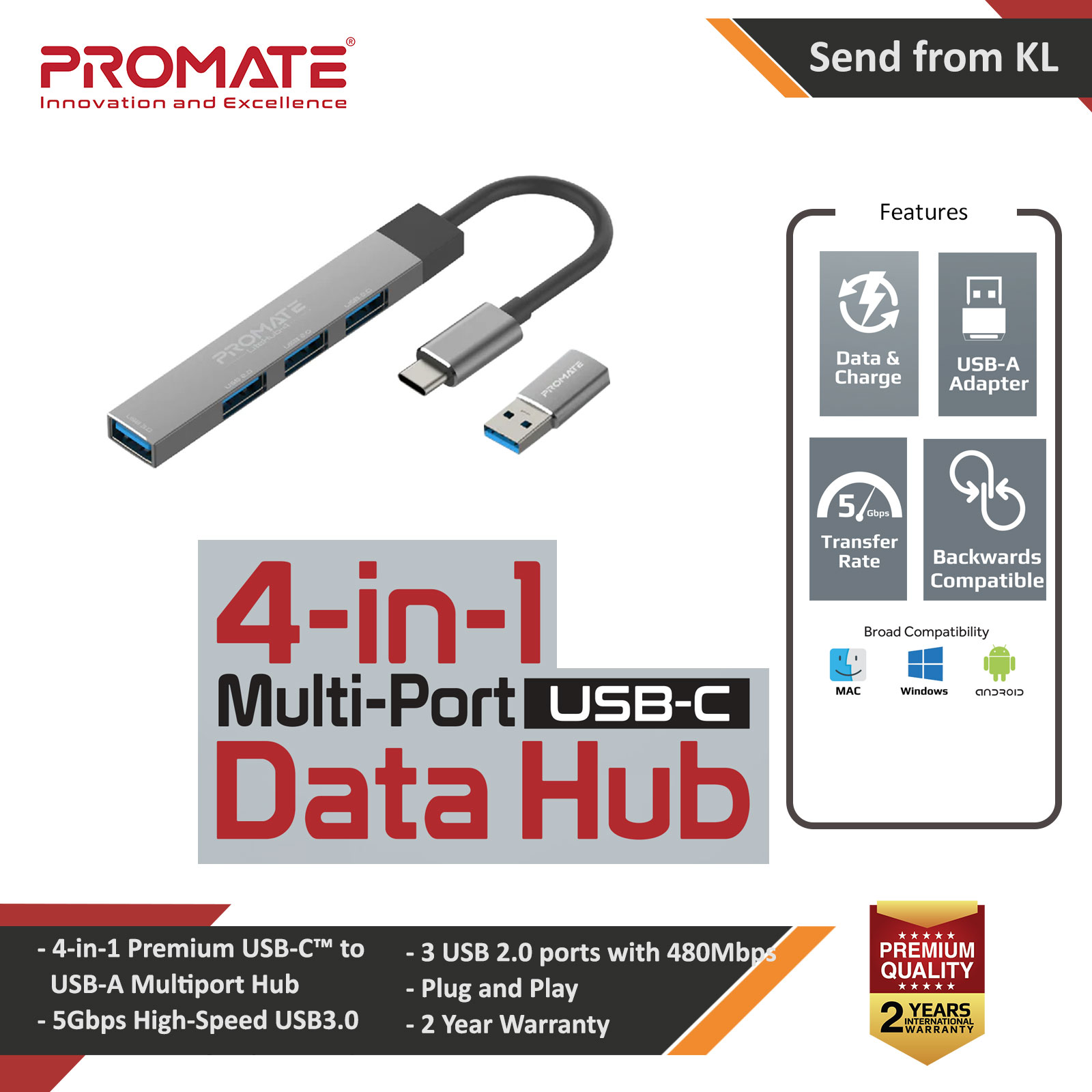 Picture of Promate USB-C Hub 4-in-1 Type-C Sync Charge Adapter with USB-A Adapter 5Gbps USB 3.0 Port 480Mbps USB 2.0 Ports and Compact Aluminum Design LiteHub-4 (Grey) Red Design- Red Design Cases, Red Design Covers, iPad Cases and a wide selection of Red Design Accessories in Malaysia, Sabah, Sarawak and Singapore 