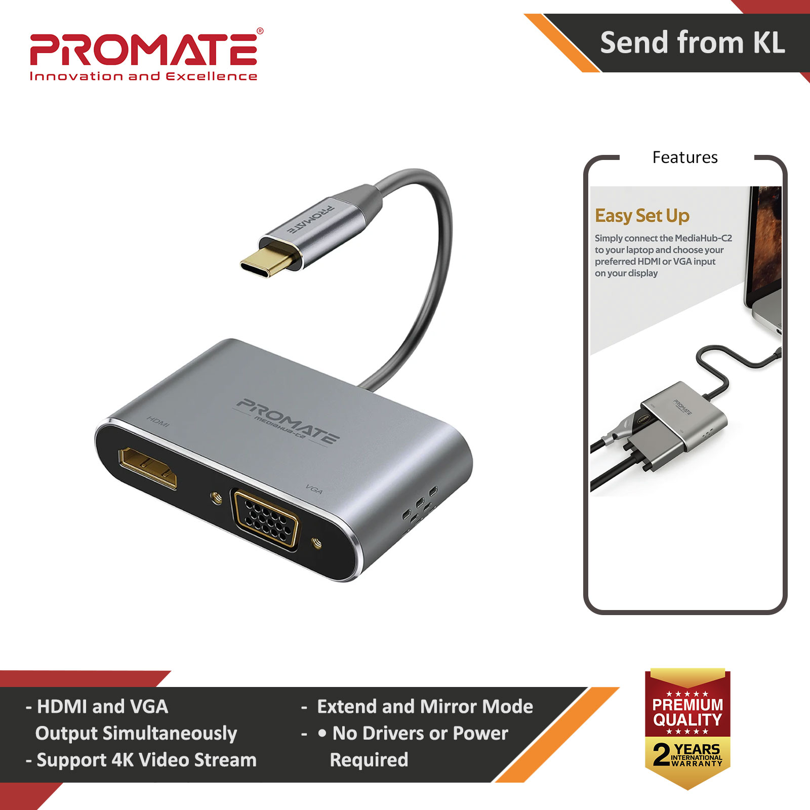 Picture of Promate USB-C to VGA and HDMI Adapter High Definition Aluminium USB-C to VGA HDMI Converter 4K Ultra HD Adapter with 1080 VGA and Dual Screen Display Support for Nintendo Switch MacBook Pro Macbook Air iPad Pro MediaHub-C2 Red Design- Red Design Cases, Red Design Covers, iPad Cases and a wide selection of Red Design Accessories in Malaysia, Sabah, Sarawak and Singapore 