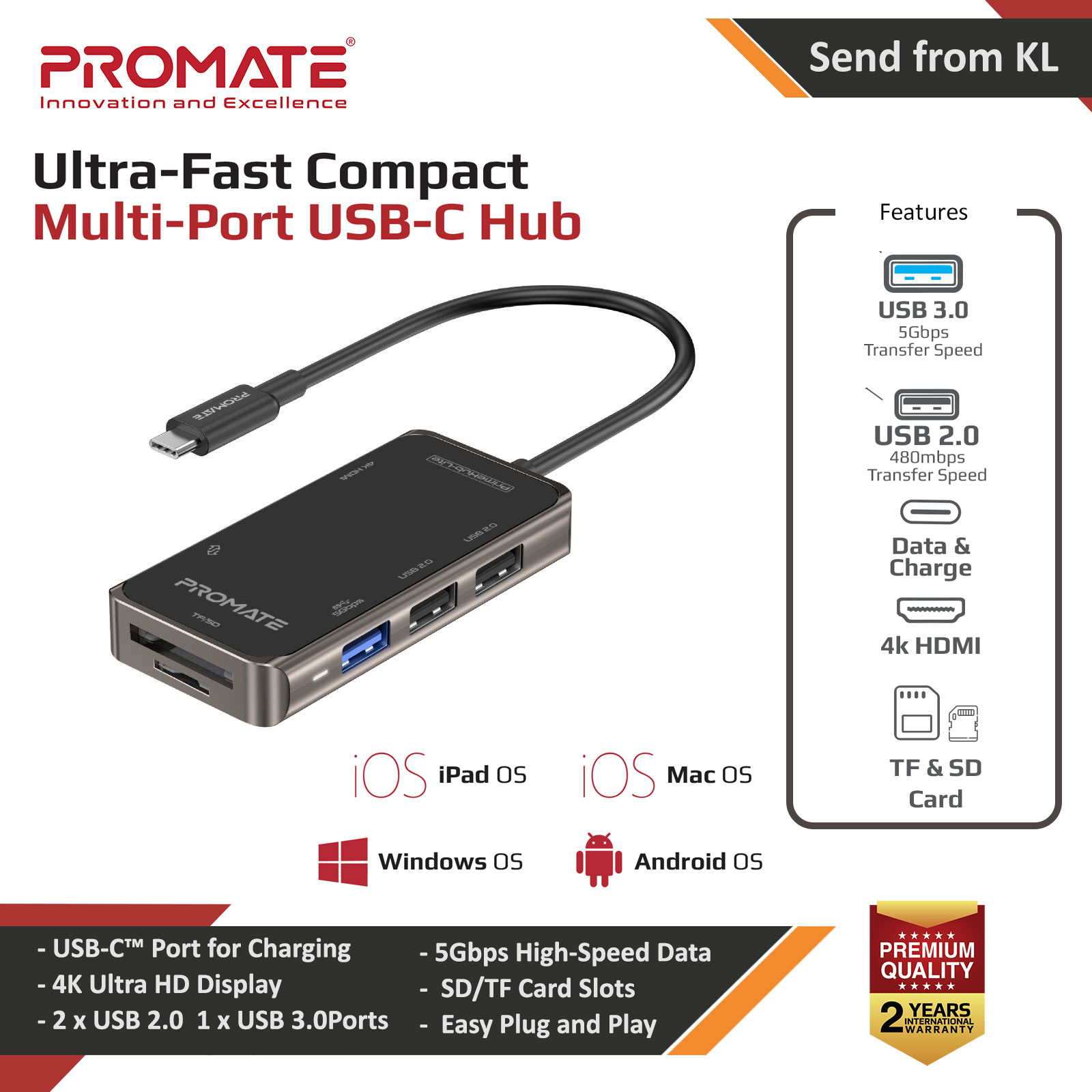 Picture of Promate 7 in 1 USB-C™ Hub with 4K HDMI Micro SD Card Reader Slot 3 USB Ports Sync Charge USB-C™ Port PrimeHub-Lite Red Design- Red Design Cases, Red Design Covers, iPad Cases and a wide selection of Red Design Accessories in Malaysia, Sabah, Sarawak and Singapore 