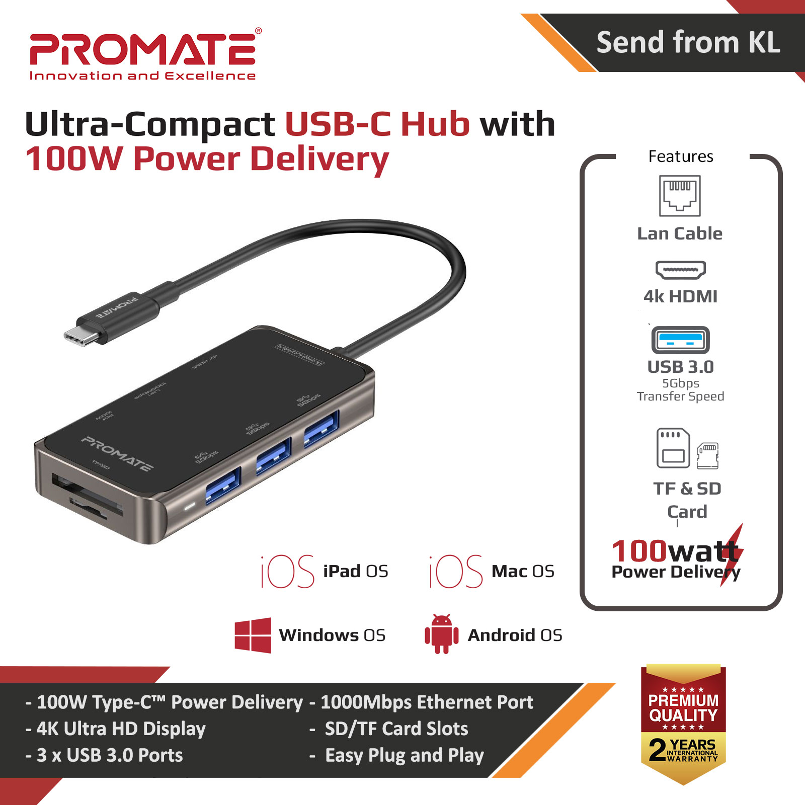 Picture of Promate USB-C™ Hub to 4K HDMI 100W Power Delivery RJ45 Lan Ethernet Port 3 USB 3.0 Ports Micro SD Slot PrimeHub-Mini Red Design- Red Design Cases, Red Design Covers, iPad Cases and a wide selection of Red Design Accessories in Malaysia, Sabah, Sarawak and Singapore 