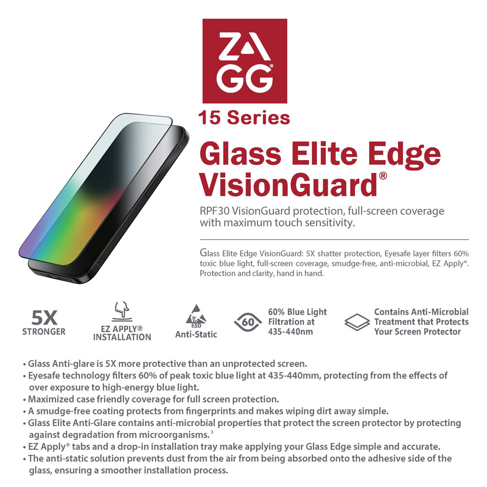 Picture of Apple iPhone 15 Plus 6.7 Screen Protector | Zagg Glass Elite Edge RPF30 VG AM Tempered Glass Screen Protector with Easy Installation Tray for iPhone 15 Plus 6.7 (Anti Blue)